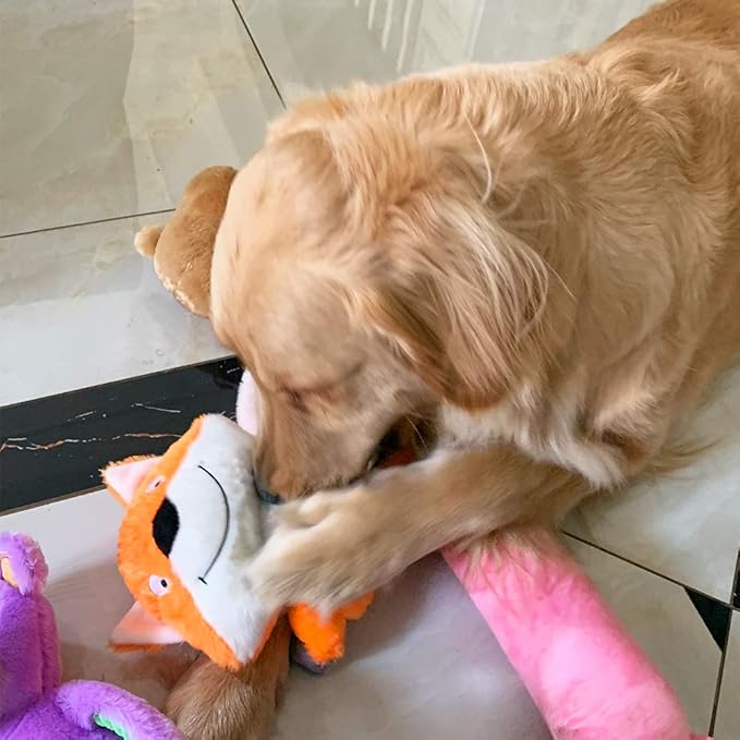 Jalousie 5 Pack Plush Toys Assortment Value Bundle Puppy Pet Mutt Squeak Toy for Medium Large Dogs (5 Pack Premium Corduroy) (1 Pack Large Plush Fox)