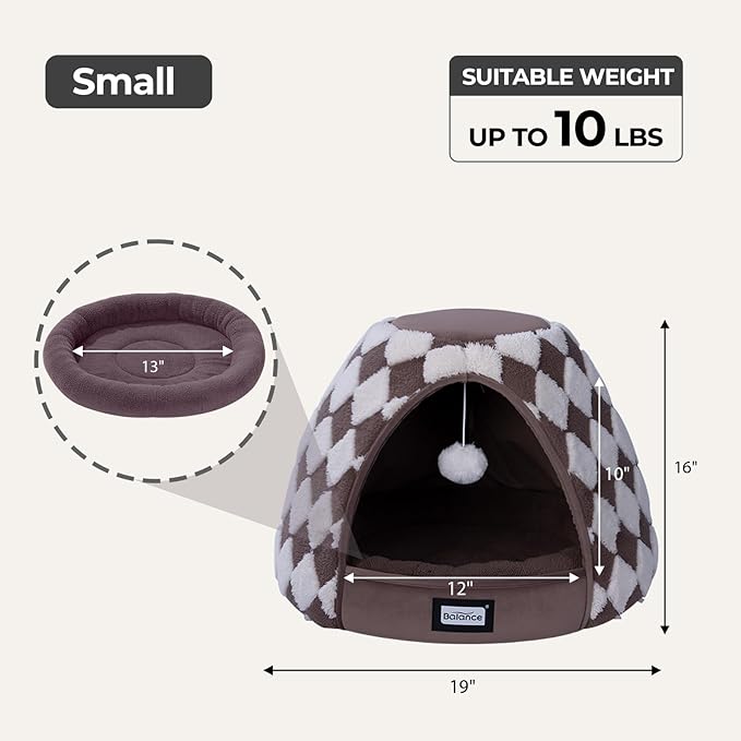 BALANCE Cat Beds for Indoor Cats, 2-in-1 Cat Bed Cave with Anti-Slip Bottom and Ultra-Soft Plush, Cozy Cats House Tent for Kittens and Small Dogs, 19 Inches, Dark Brown