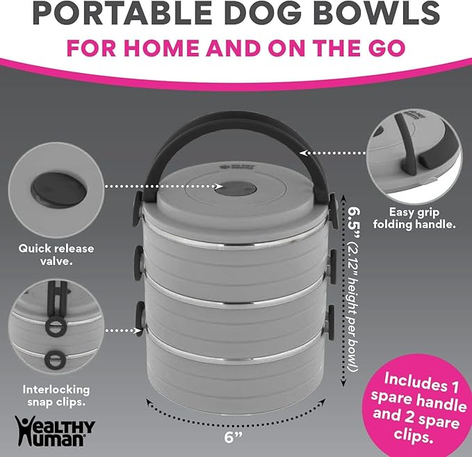 Healthy Human Travel Pet Bento Bowls - Human-Grade Stainless Steel & BPA-Free, Leak-Proof Water & Food Container Set for Dogs & Cats, 4-Pack Interlocking Bowls, Includes Spare Clips & Handle (Gray)