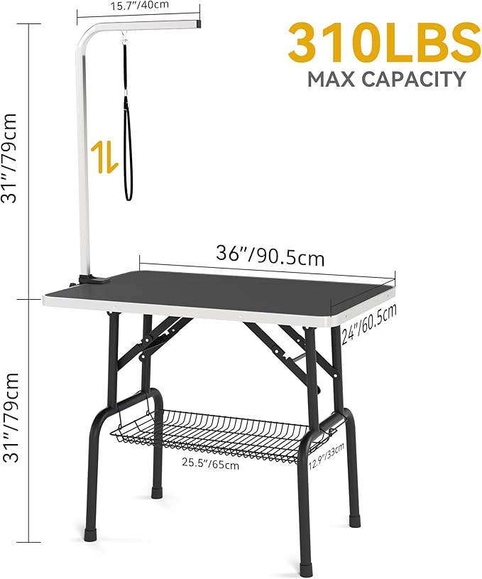 DWVO 36'' Dog Grooming Table, Foldable Pet Grooming Table with Adjustable Arm, Loop, and Mesh Tray, Non-Slip Portable Dog Bathing Station, Black