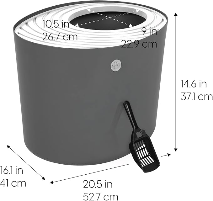 IRIS USA Cat Litter Box, Large Top Entry with Litter Catching Lid and Scoop, Dog Proof, Cat Box Enclosure, Dark Gray/White