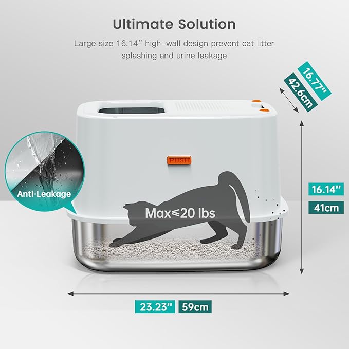 XL Stainless Steel Cat Litter Box Top Entry Extra Large Metal Litter Box with High Side for Big Cats, Multiple Cats, No Odor, Easy to Clean, Anti-Urine Leakage, Dog-Proof, Non-Sticky（Grey）