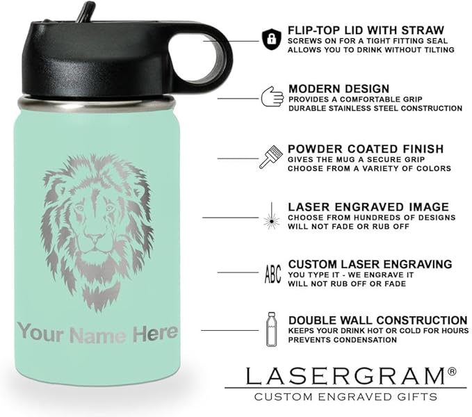 LaserGram Personalized Water Bottle, Dragon, Stainless Steel Double Wall Vacuum Insulated with Flip Top Straw, Custom Engraved Gift (12oz / 335ml Teal)