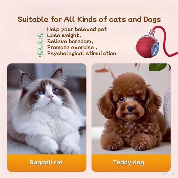 2025 New Interactive Cat Toy Ball for Indoor Cats Dog, Smart 360° Automatic Rolling Pet Ball Kitten Toys with Replace Feather , 3.0 Tail Electric Cat's Toys with LED Light Three Modes Adjustment