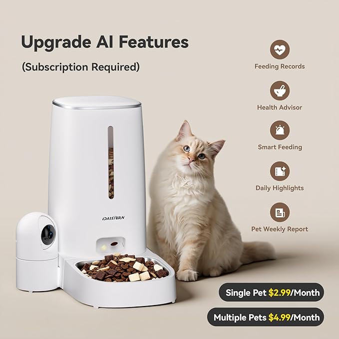 Automatic Cat Dog Feeder 4L with Camera, 1080P HD Video with Night Vision, Removable Camera, 2.4G/5G WiFi Smart Pet Food Dispenser with AI Function(Sub Required), 2-Way Audio, Tuya APP
