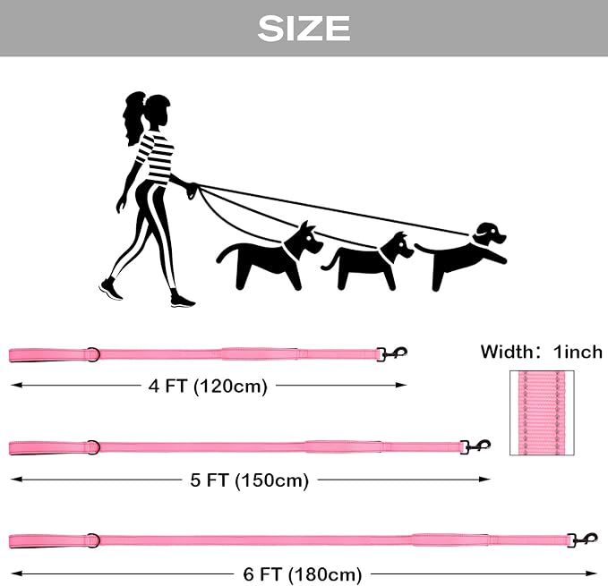 Joytale Dog Leash Heavy Duty for Large Dogs That Pull, Double Handle for Traffic Control, Double-Sided Reflective Leashes for Large Medium Dogs Night Safety, 6FT, Pink