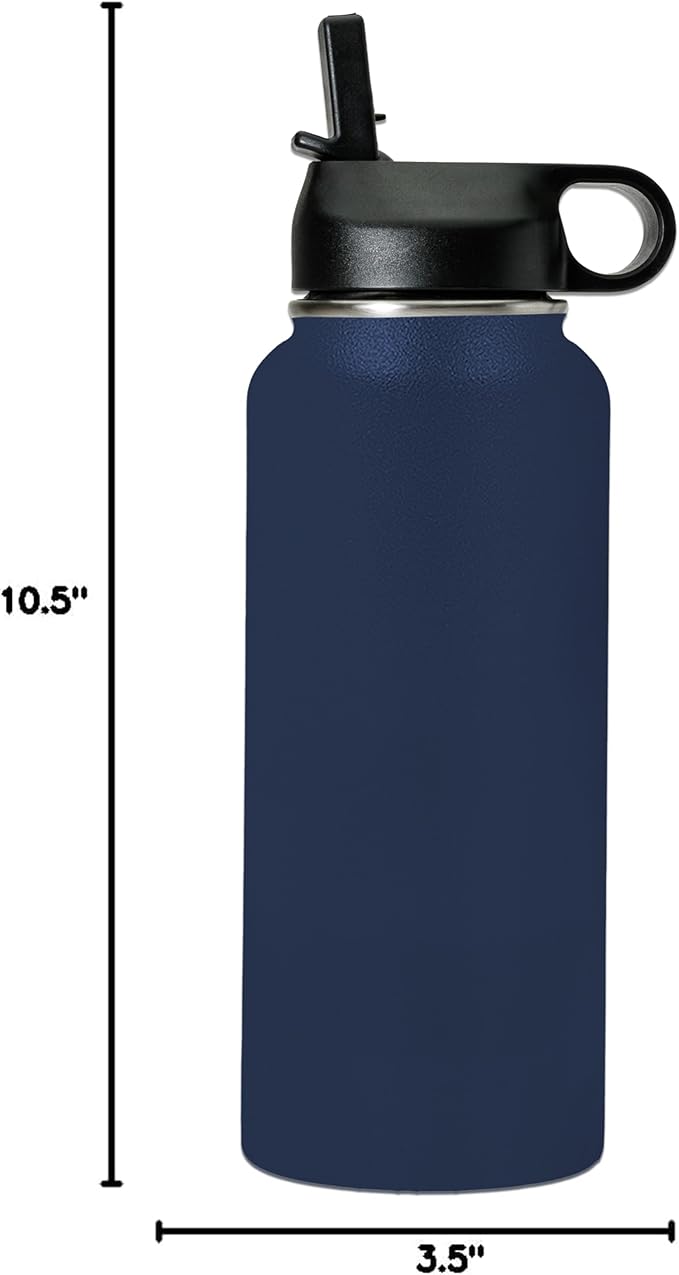 LaserGram Personalized Water Bottle, Cat with Butterfly, Stainless Steel Double Wall Vacuum Insulated with Flip Top Straw, Custom Engraved Gift (32oz / 950ml Navy Blue)