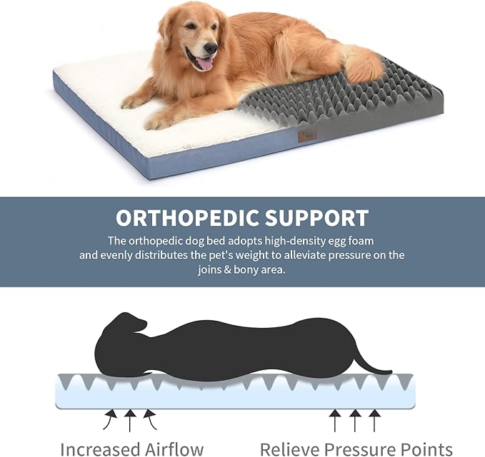 Orthopedic Dog Bed for Extra Large Dogs, XL Comfort Pet Mat for Large Sized Dog 44x32 Inch, Egg Crate Foam with Removable Washable Oxford Cover, Blue White
