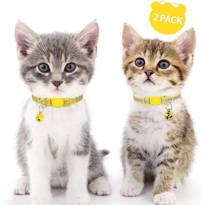 Taglory Kitten Collar Breakaway with Bell, 2 Pack Girl Boy Pet Kitten Collar Adjustable 6-8 Inch for 2-6 Months Cat, Yellow