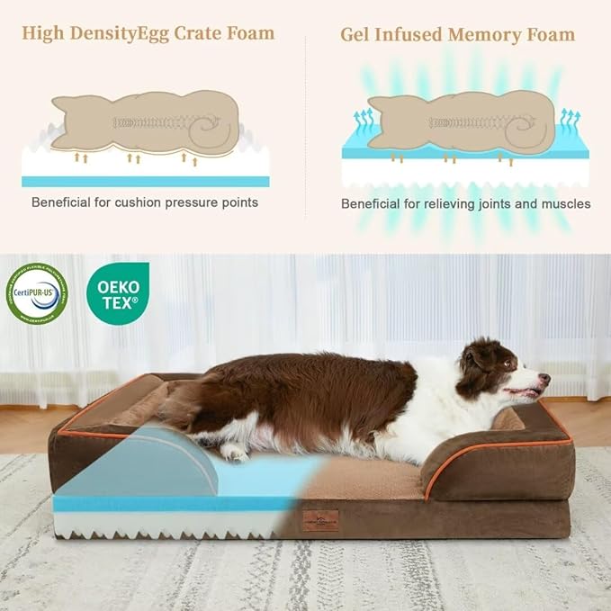 Comfort Expression Orthopedic Dog Bed for Large Dogs 36x27 Inch, Waterproof Supportive Memory Foam Large Pet Bed with Removable Bolsters, Dog Couch with Washable Cover & Non-Slip Bottom, Khaki Brown