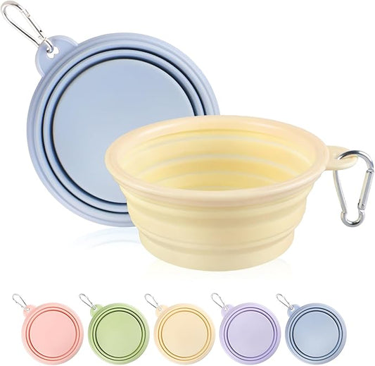 Collapsible Dog Bowls 2-Pack, Portable Travel Dog Bowl with Carabiner, Food-Grade Silicone Pet Bowl for Hiking, Walking(Macaron Blue and Yellow)