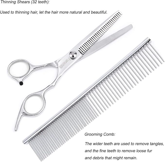 Dog Grooming Scissors Kit, Safety Round Tip, Heavy Duty Stainless Steel Dog Scissors and Nail Clippers, 6 in 1 Dog Grooming Kit