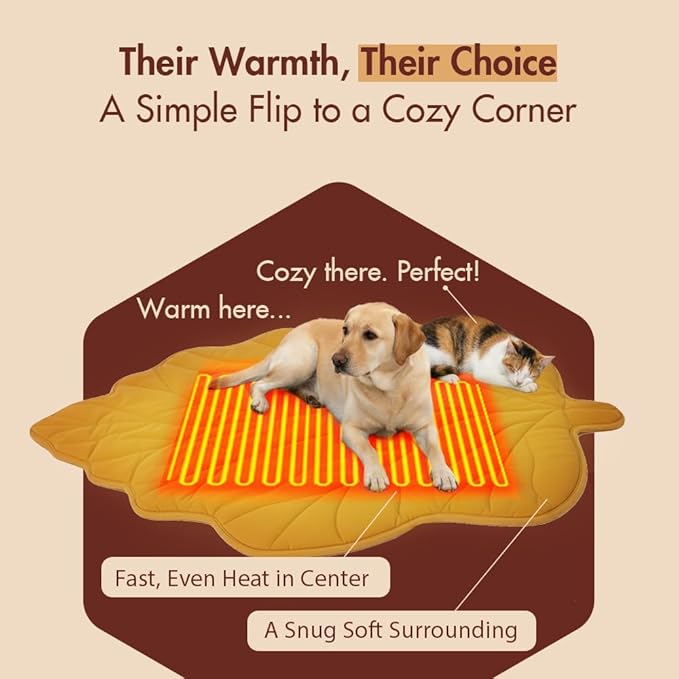 Extra Large Dog Heating Pad Waterproof Electric Heated Cat Beds for Indoor Outdoor, Adjustable Temperature, Washable Yellow Leaf Shaped Cat Heating Pad Non Slip Bottom(47"X36")