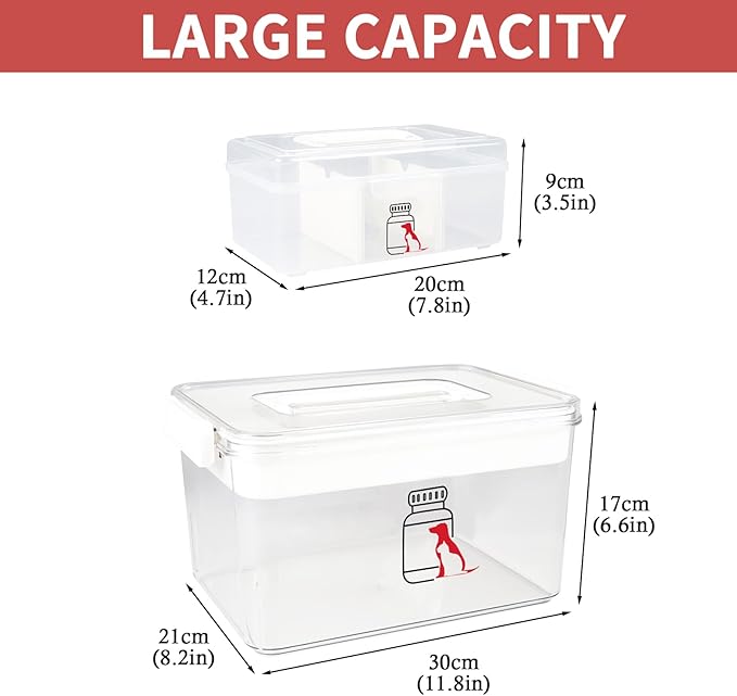 Set of 2 First Aid Kit box,Large Pet First Aid Kit Bin Empty,Portable Medicine Box for Dog Cat,Medic Organizer with Handle,Family Dog Travel Camping Emergency Tool Set