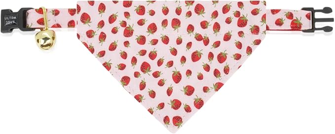 Ultra Joys Cat Collar with Bells - Breakaway for Cats, Boy & Girl Cat Collars Kitten Collar with Bell - Break Away Collar for Cats - Breakaway Cat Collar with Bandana Strawberry Small