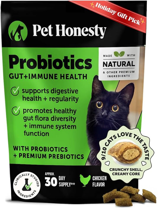 Cat Probiotics Gut + Immune Health Chews – Crunchy & Creamy Cat Treats for Digestive Health, Gut Flora & Constipation Relief – Supports Immunity, Regularity, & Healthy Digestion, 30-Day Supply Chicken
