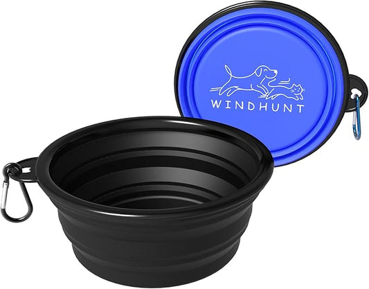 2-Pack Collapsible Dog Bowls, Portable Travel Pet Bowl with Carabiner – Foldable Silicone Feeding Dish for Dogs and Cats On-The-Go (Black + Blue)