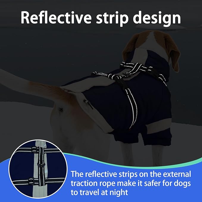MIGOHI Dog Coat with Harness Built in, 2-in-1 Water-Resistant Dog Jacket, Reflective Snowsuit for Large Dogs, Fleece Lined with Turtleneck, Adjustable Buckle Coats, Border Collies, Navy Blue, XL