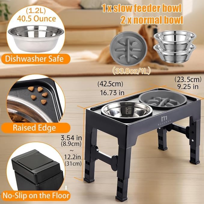 Marchul Elevated Dog Bowls for Medium Large Dogs, 4 Height Adjustable Dog Bowl Stand 3.5''/ 9.05''/ 10.62''/ 12.2'', with 1 Slow 1*Feeder Dogs Bowl & 2 * 40.5oz