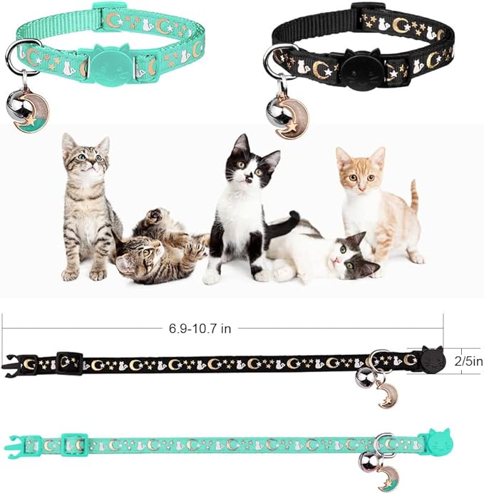 2PCS Breakaway Cat Collars with Bell Moons Stars Cute Kitty Adjustable Safe Kitten Collars with Pendant Glow in The Dark(Black&Teal)