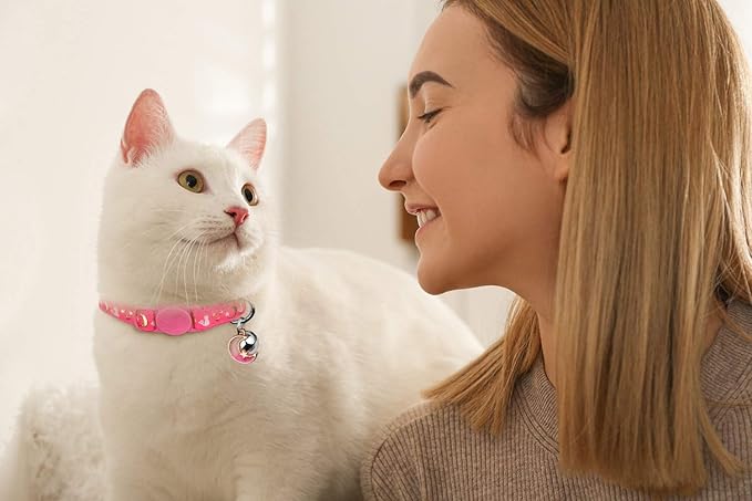 2PCS Breakaway Cat Collars with Bell Cute Kitty Glow in The Dark Adjustable Kitten Collars 7.9-13.0 Inch(Black&Pink)