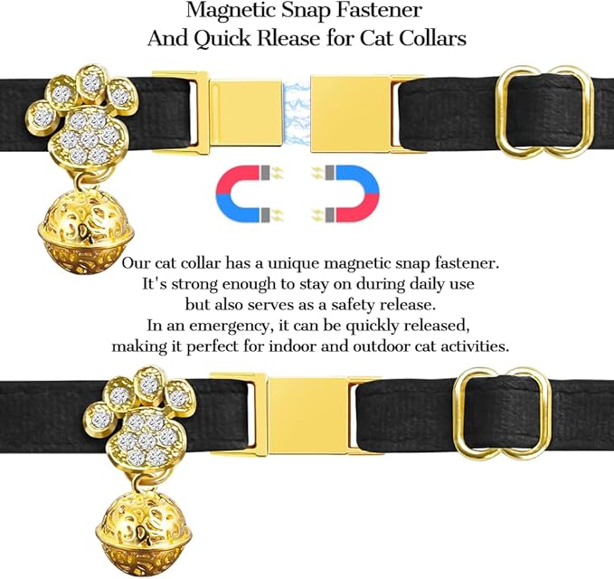 Personalized Breakaway Cat Collars - Magnetic Buckle, Bell - Safety Quick Release, Customized for Girls & Boys Cats- (Velvet-Black)