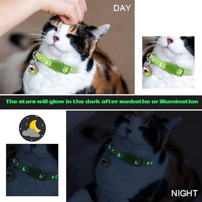 2PCS Breakaway Cat Collars with Bell Cute Kitty Glow in The Dark Adjustable Kitten Collars 7.9-13.0 Inch(Green&Black)