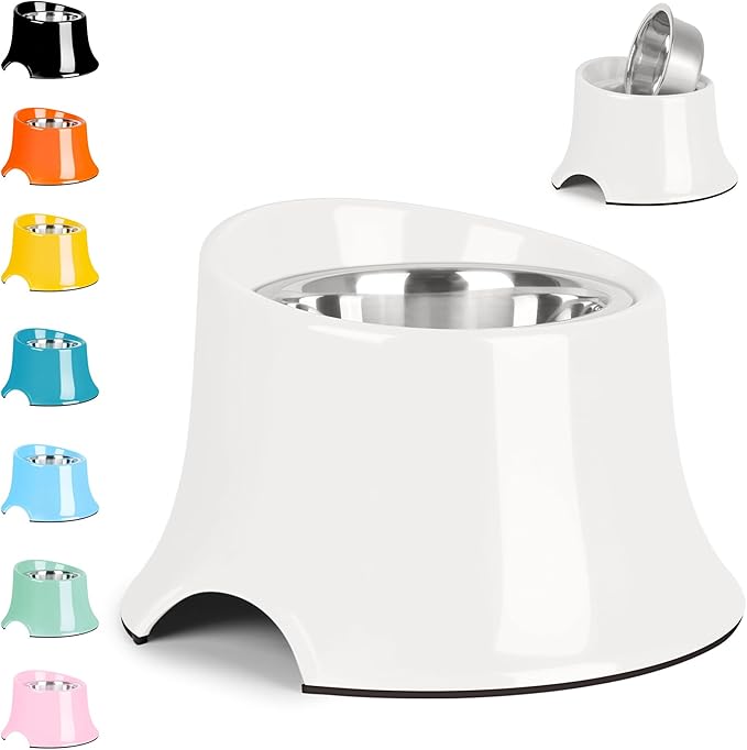 Tilted Elevated Dog Bowls Non-Slip & Non-Spill Pet Feeder with Elevated Detachable Melamine Stand, High Capacity Tilted Dog Bowl for Medium Small Size Dogs M/2 Cup White