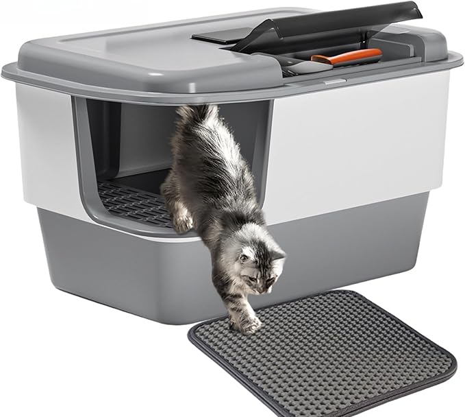 XXXL Litter Box with Lid, Extra Large 25.98" L*18.5" W*15.35" H Cat Litter Boxs, Jumbo Enclosed Removable Litter Box High Sides for Big Cats,with Cat Litter Scoop, Leak-Proof, Easy to Clean（Gray）