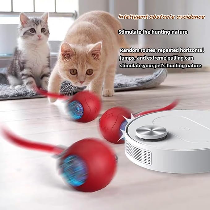 2025 New Interactive Cat Toy Ball for Indoor Cats Dog, Smart 360° Automatic Rolling Pet Ball Kitten Toys with Replace Feather , 3.0 Tail Electric Cat's Toys with LED Light Three Modes Adjustment