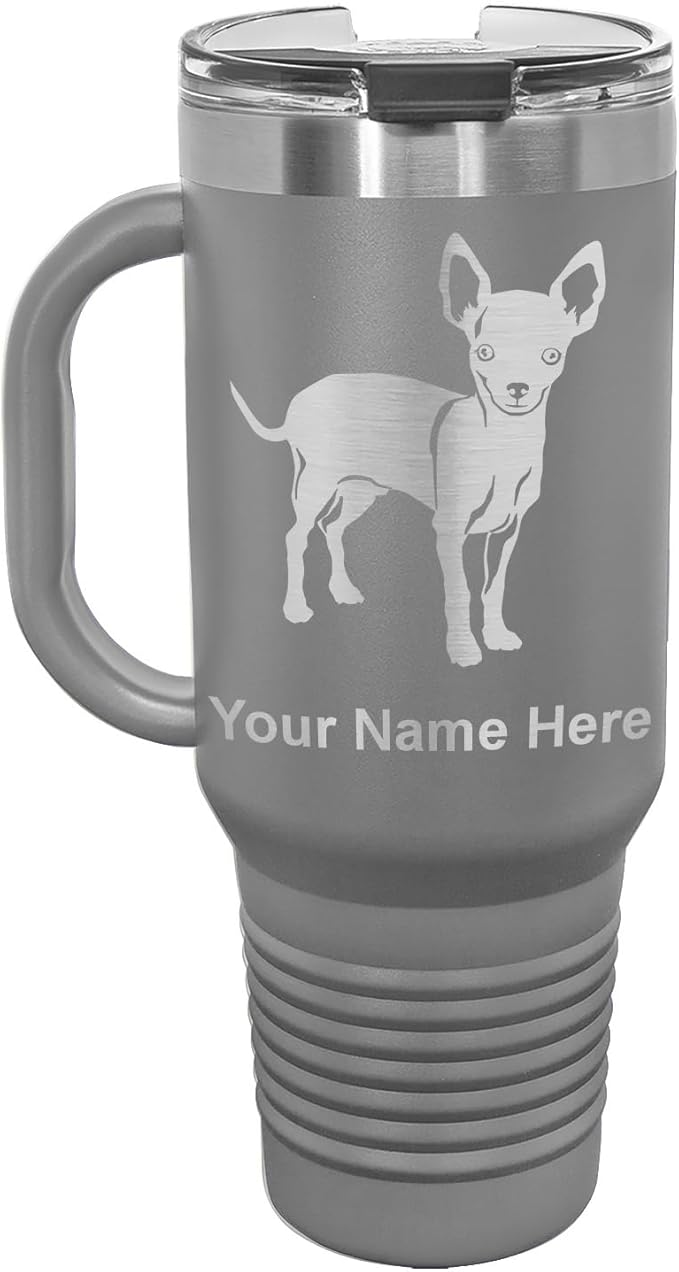 40oz Vacuum Insulated Travel Mug with Handle, Chihuahua Dog, Personalized Engraving Included (Gray)