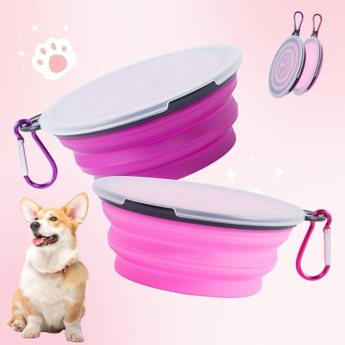 SLSON Dog Bowls Pet Collapsible Bowl with Cover Lids,2 Pack Dog Travel Bowls Portable Foldable Cat Water Dish Bowl for Pets Walking Parking Camping (Pink and Purple, Small)