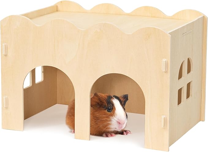 Guinea Pig Hideout, Natural Wooden Chew Proof Hideaway Hut for Small Pets (Wood, Guinea Pig)