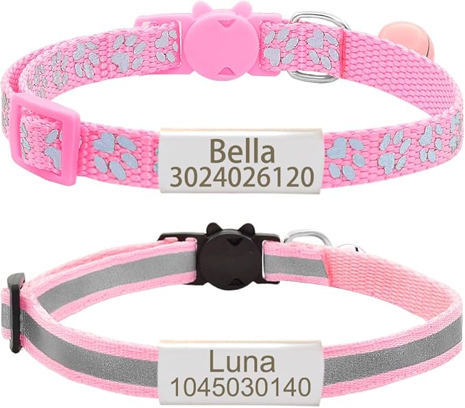 Personalized 2 Pack Reflective Cat Collar,Custom Breakaway Cat Collars with Name Tag and Bell,Anti-Lost Nameplate Cat Collar for Girls & Boys (Pink,fit 8''-11.0'')