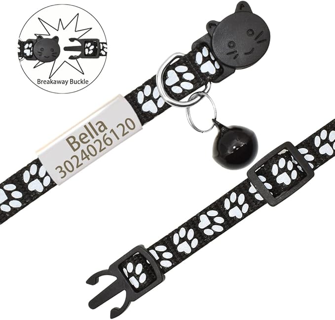 Personalized 2 Pack Reflective Cat Collar,Custom Breakaway Cat Collars with Name Tag and Bell,Anti-Lost Nameplate Cat Collar for Girls & Boys (Black,fit 8''-11.0'')