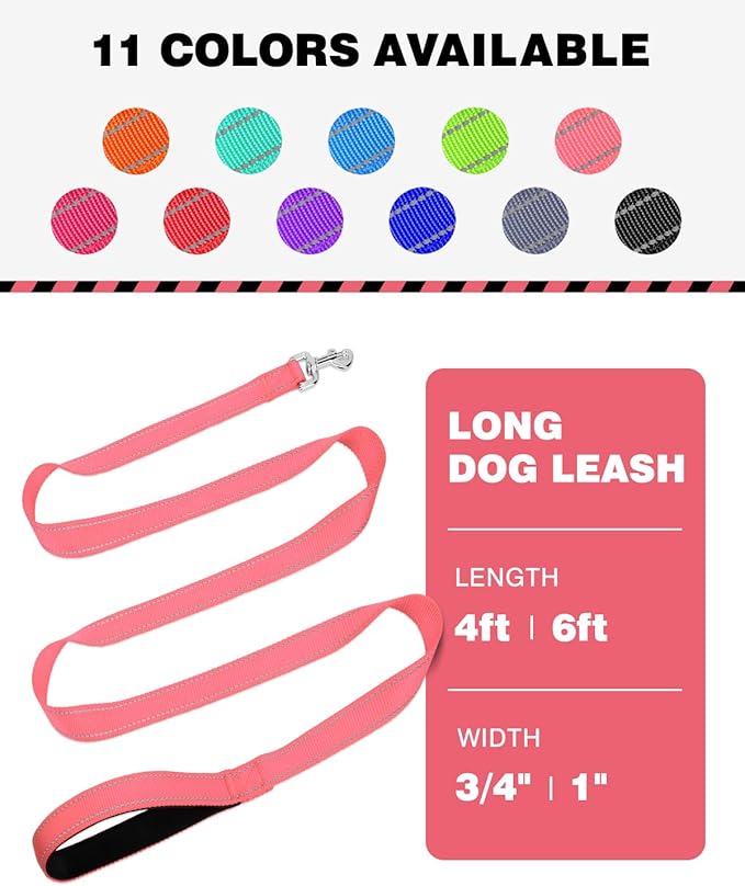 6FT Reflective Nylon Dog Leash with Soft Padded Handle for Walking, Running and Training, Supports Small Medium and Large Dogs (Neon Pink, 3/4Inch Wide)
