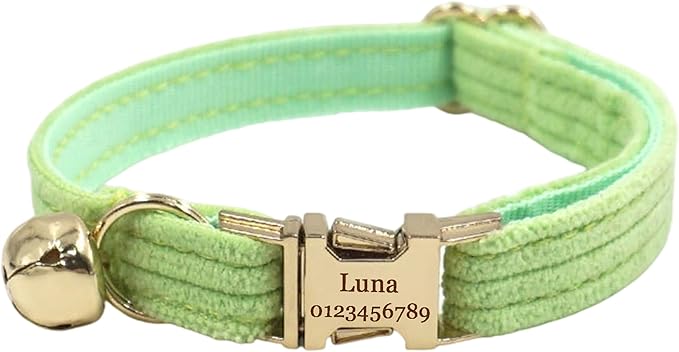 Cute Custom Cat Collar with Bells & Name Tag, Personalized Cat Collars for Girl & Boy Cats, Kitten Collar with Bell (Light Green-Striped)