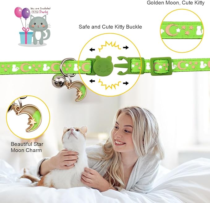 2PCS Breakaway Cat Collars with Bell Cute Kitty Glow in The Dark Adjustable Kitten Collars 7.9-13.0 Inch(Green&Black)