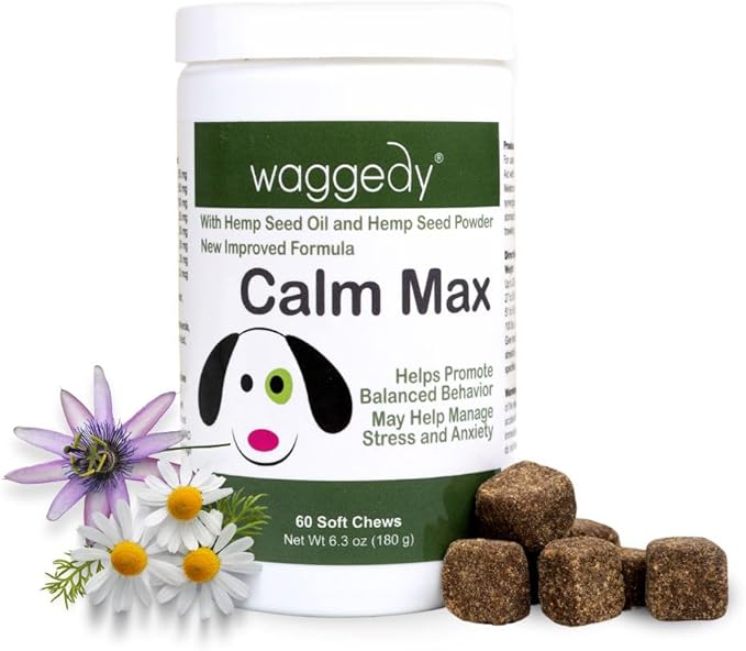 waggedy Calm Max — Calming Chews for Dogs for Balanced Behaviour & Anxiety Relief — Calming Dog Treats for Travel, Fireworks & Separation — Dog Supplements & Vitamins (60 Chews)