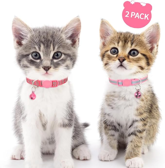 Taglory Kitten Collar Breakaway with Bell, 2 Pack Girl Boy Pet Kitten Collar Adjustable 6-8 Inch for 2-6 Months Cat, Pink