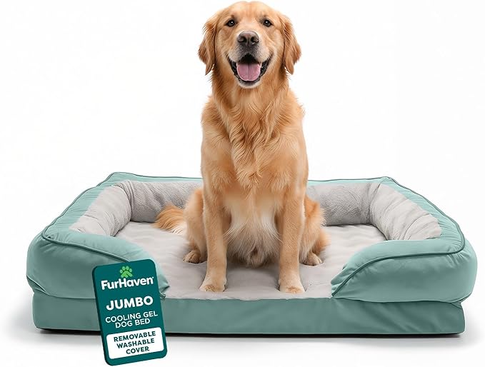 FurHaven Cooling Gel Dog Bed for Large Dogs, Comfort Sofa Bed with Cool Gel-Top Foam and a Solid Orthopedic Foam Base for Joint Support, Washable Cover, Jumbo XL, Plush & Velvet, Celadon Green