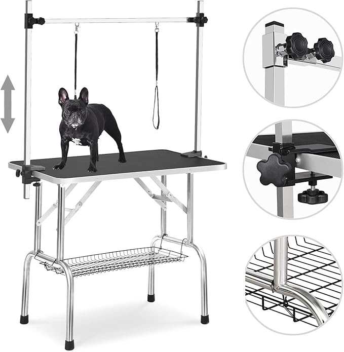 SoarFlash Pet Dog Grooming Table Foldable,Heavy Duty Foldable Pet Grooming Table with Arm & Noose & Mesh Tray, Maximum Capacity Up to 330lbs, 46inch, Black