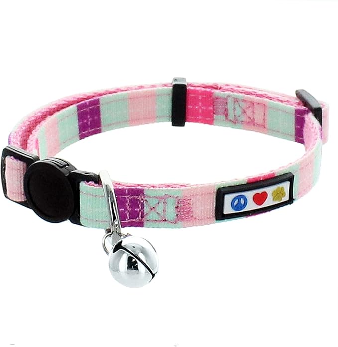 Pawtitas Pet Soft Adjustable Multicolor Cat Collar with Safety Buckle and Removable Bell Teal / Pink / Purple