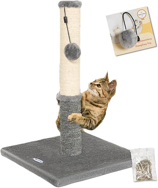 Happi N Pets Cat Scratching Post, Cat Scratcher for Kittens or Medium Cats, Sisal Scratch Post & Carpet Post in One, Stable Kitten Scratching Post with Replaceable Toy, Extra Free Toy, Light Gray