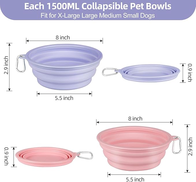 Kytely Collapsible Dog Bowls 2 Pack - X-Large 1500ml Portable Pet Food & Water Bowl for Travel, Hiking, Walking - Foldable Feeding Dish with Carabiner Clip - Lavender & Pink (Dogs/Cats)
