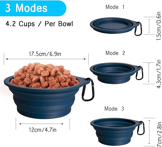 PetBonus 2-Pack Large Silicone Collapsible Dog Bowls, 34oz/1000ml BPA Free Portable Foldable Travel Bowl for Pet Cat, Food Water Feeding Dish for Camping with 2 Carabiners (Army Green, Navy Blue)