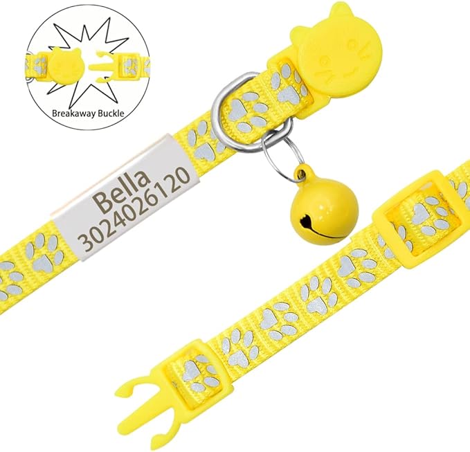 Personalized 2 Pack Reflective Cat Collar,Custom Breakaway Cat Collars with Name Tag and Bell,Anti-Lost Nameplate Cat Collar for Girls & Boys (Yellow,fit 8''-11.0'')