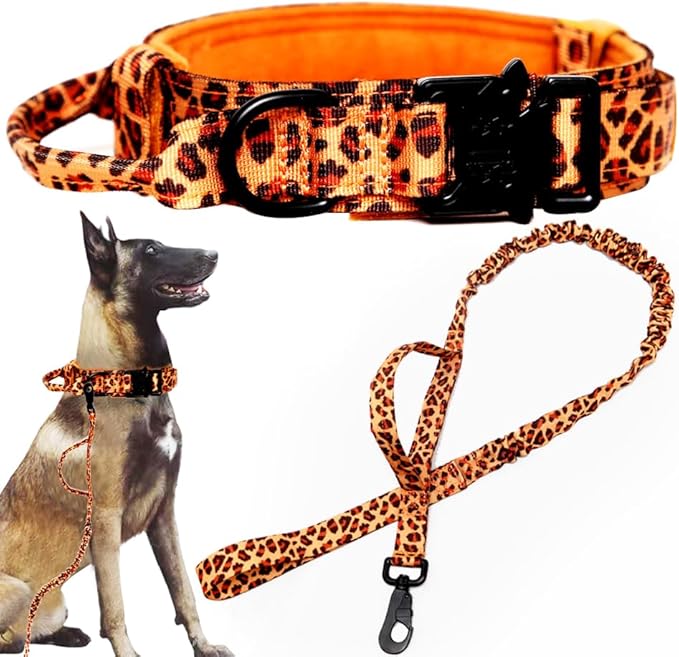 Tactical Dog Collar and Leash Set Tactical Dog Collar with Handle Bungee Leash Adjustable Military Training Nylon Collar Dog Training Collar Leash Set with Control Handleand Metal Buckle （Leopard XXL