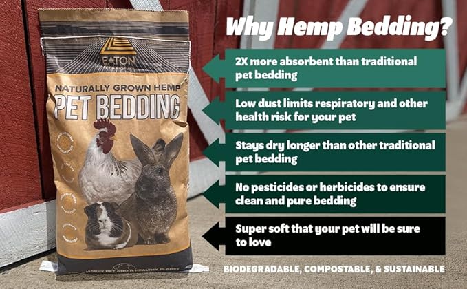 Eaton Pet and Pasture Naturally Grown Hemp Pet Bedding for Chickens, Nesting Boxes, Rabbits, Hamsters, Small Pets, Highly Absorbent, Hypoallergenic, Eco-Friendly, Farmer Owned 33LB