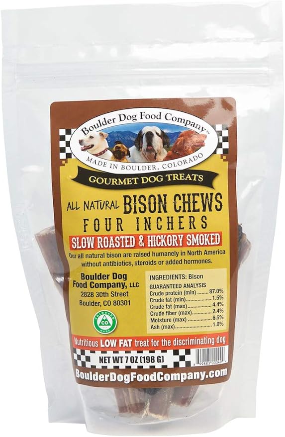 Boulder Dog Food Company Bison Chews, 4 Inches (7 oz) - Bully Sticks Made in USA, No Hide Chews, Grain Free Treats, Healthy Treats, Odor Free, Pizzle Sticks for Dogs